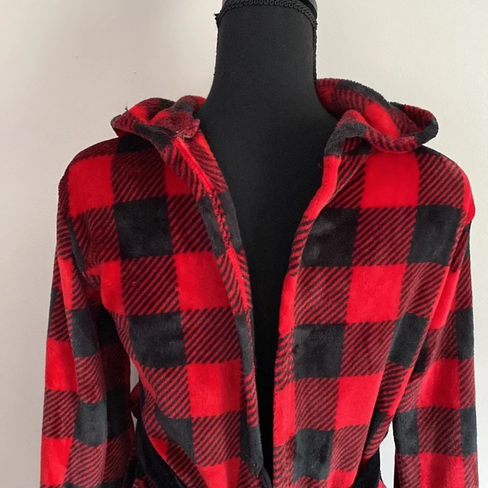 Cuddl Duds Kids red & black Buffalo Plaid hooded fleece robe size L 12/14 large